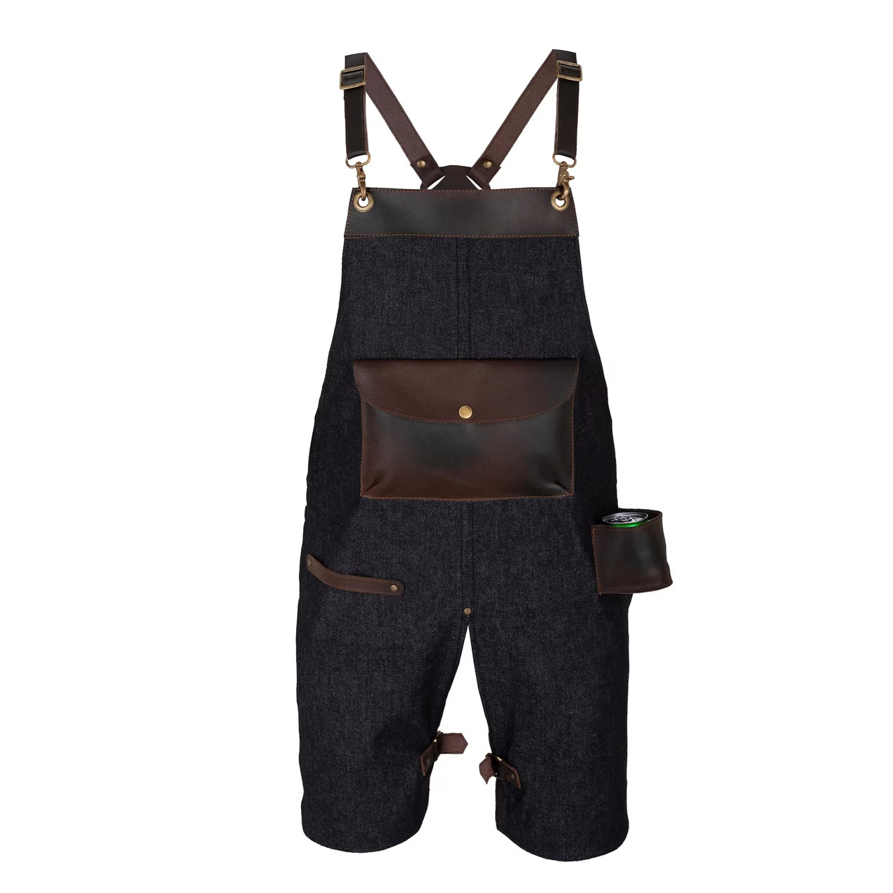 The Devon Black Denim Split Leg Apron with Can Holder Leather Pocket