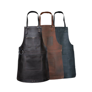 Dark brown full-grain leather apron with front pockets and adjustable straps