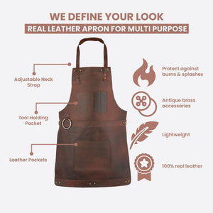 Dark brown leather apron fit diagram showing length, width and waist coverage