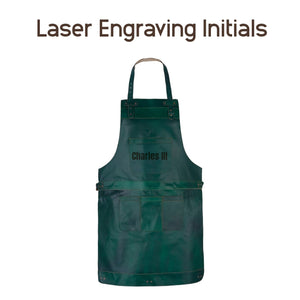 Example of laser-engraved initials on a full-grain leather apron green