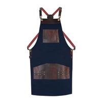 Blue Canvas Cross-Back Apron with Brown Leather Pockets