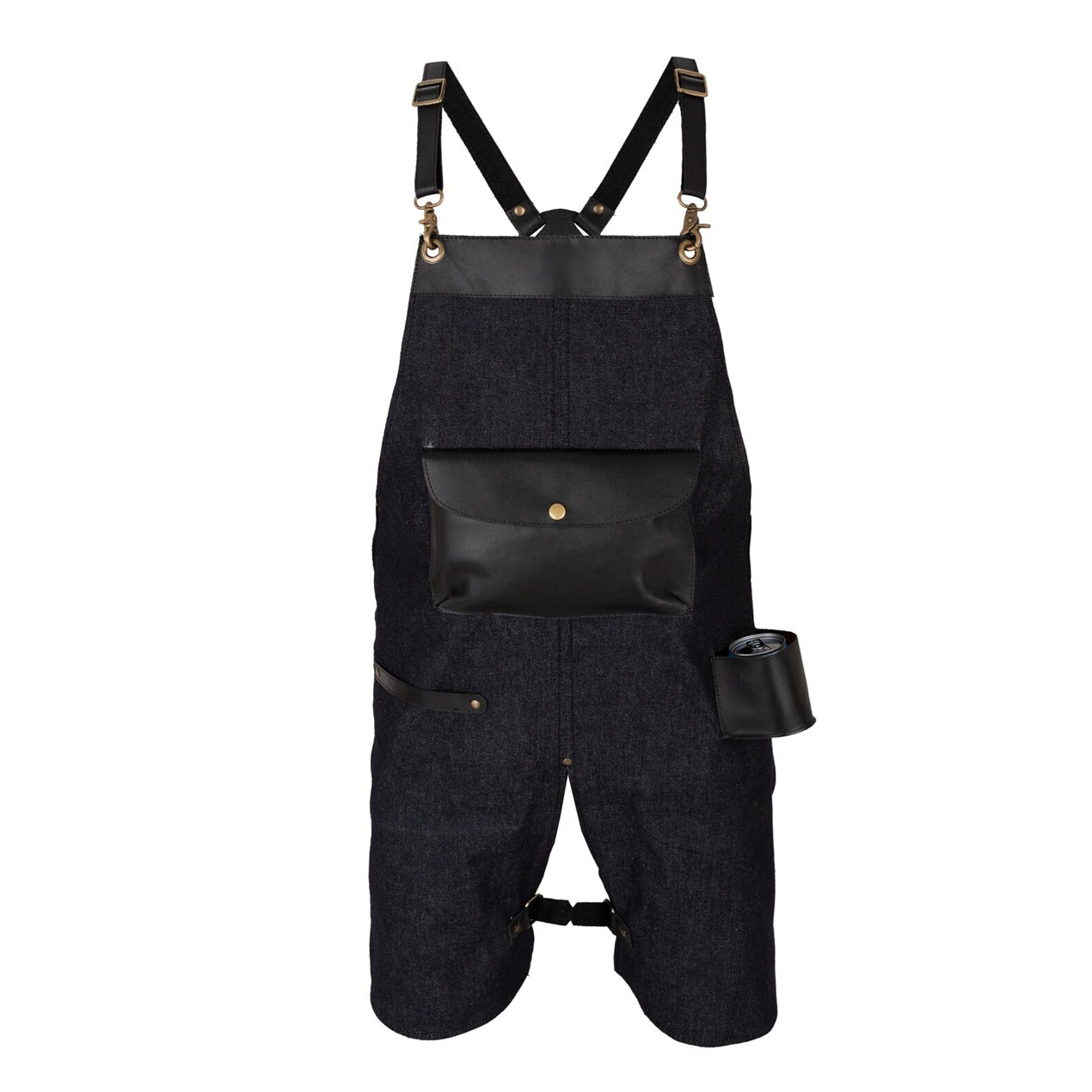 The Devon Black Denim Split Leg Apron with Can Holder Leather Pocket