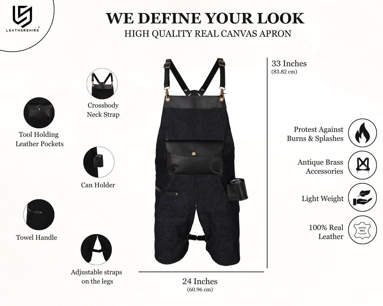 The Devon Black Denim Split Leg Apron with Can Holder Leather Pocket