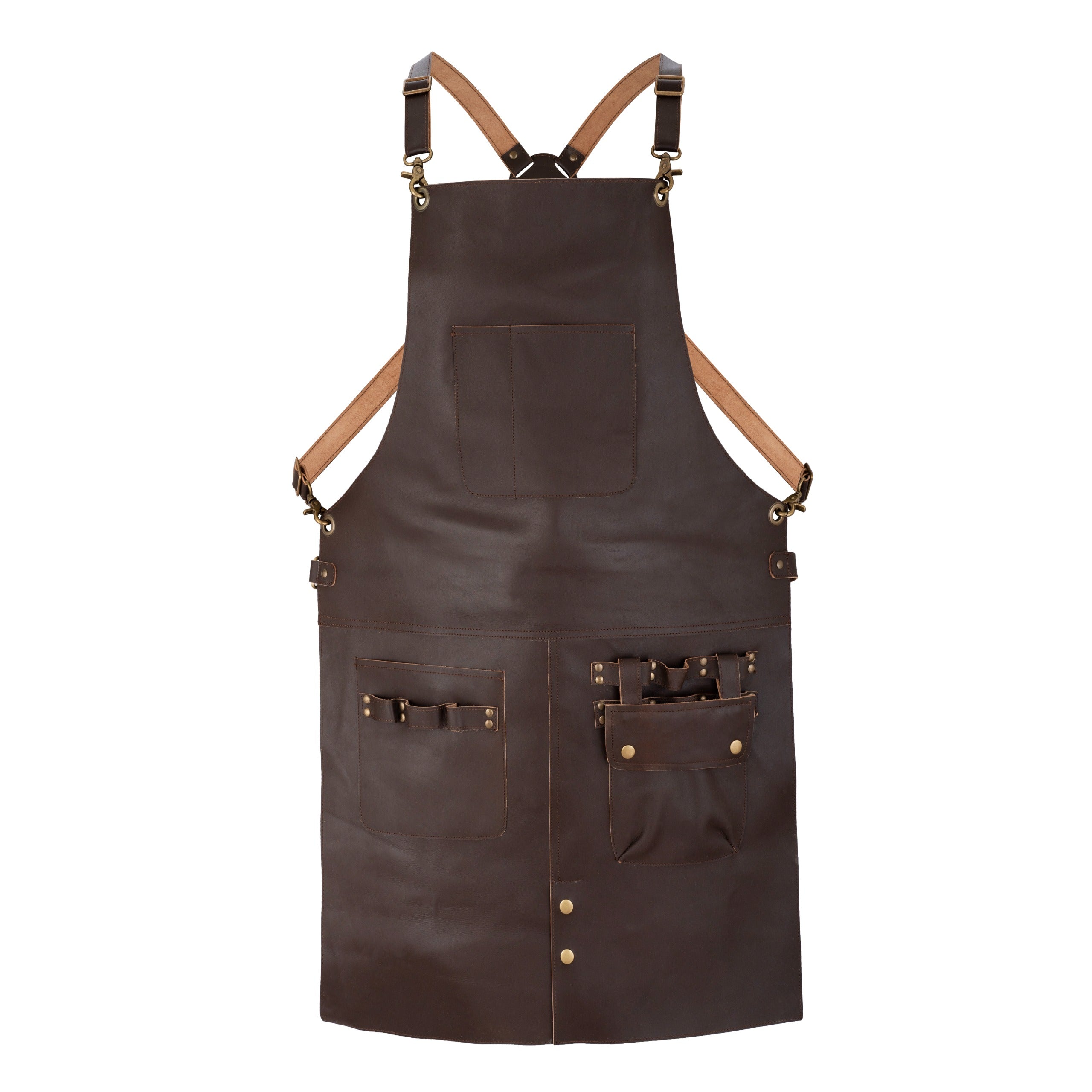 Adjustable leather cross-back straps with metal buckles and clips