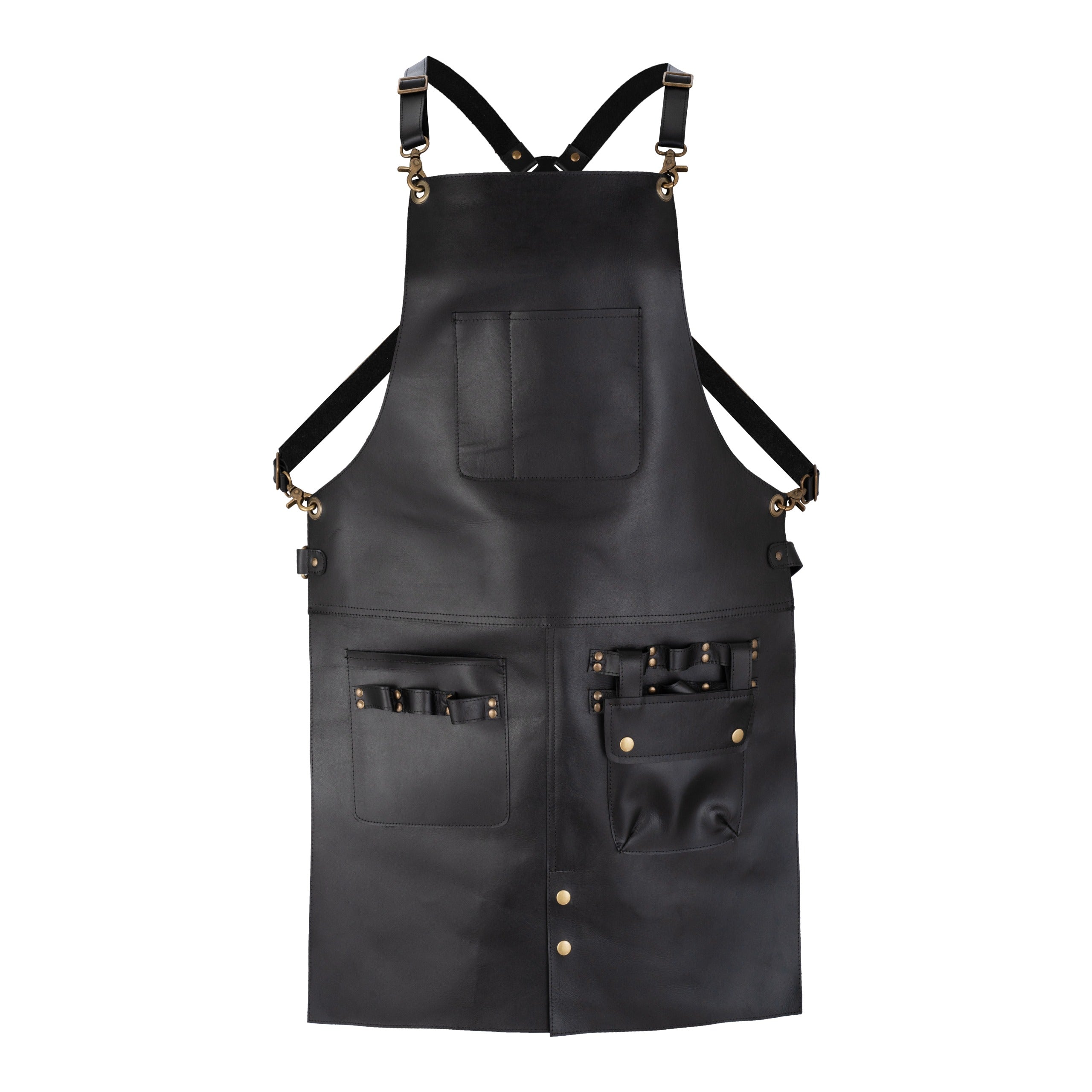 Black full-grain leather cross-back apron with multiple tool pockets