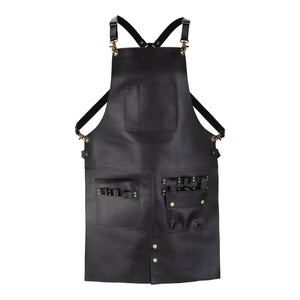 Black full-grain leather cross-back apron with multiple tool pockets