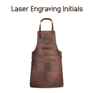 Custom engraved dark brown leather apron with personalised initials and utility pockets