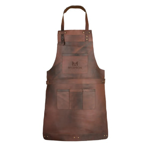 Dark brown leather apron personalised with a custom business logo