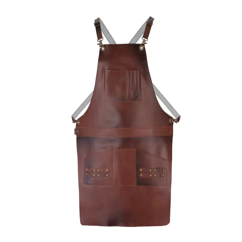 Dark Brown Full-Grain Leather Cross-Back Apron with Pockets