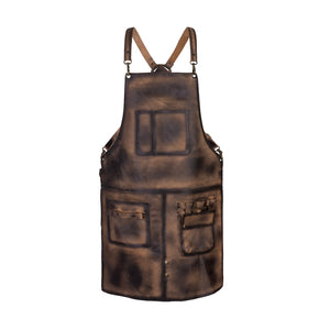 Dark brown full-grain leather apron with cross-back straps and front pockets
