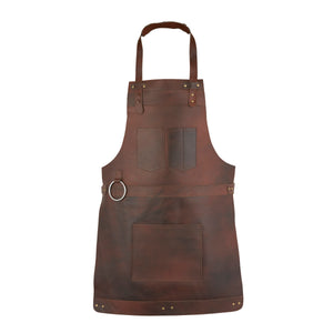 Dark brown leather apron featuring tool pockets, brass hardware and an adjustable neck strap