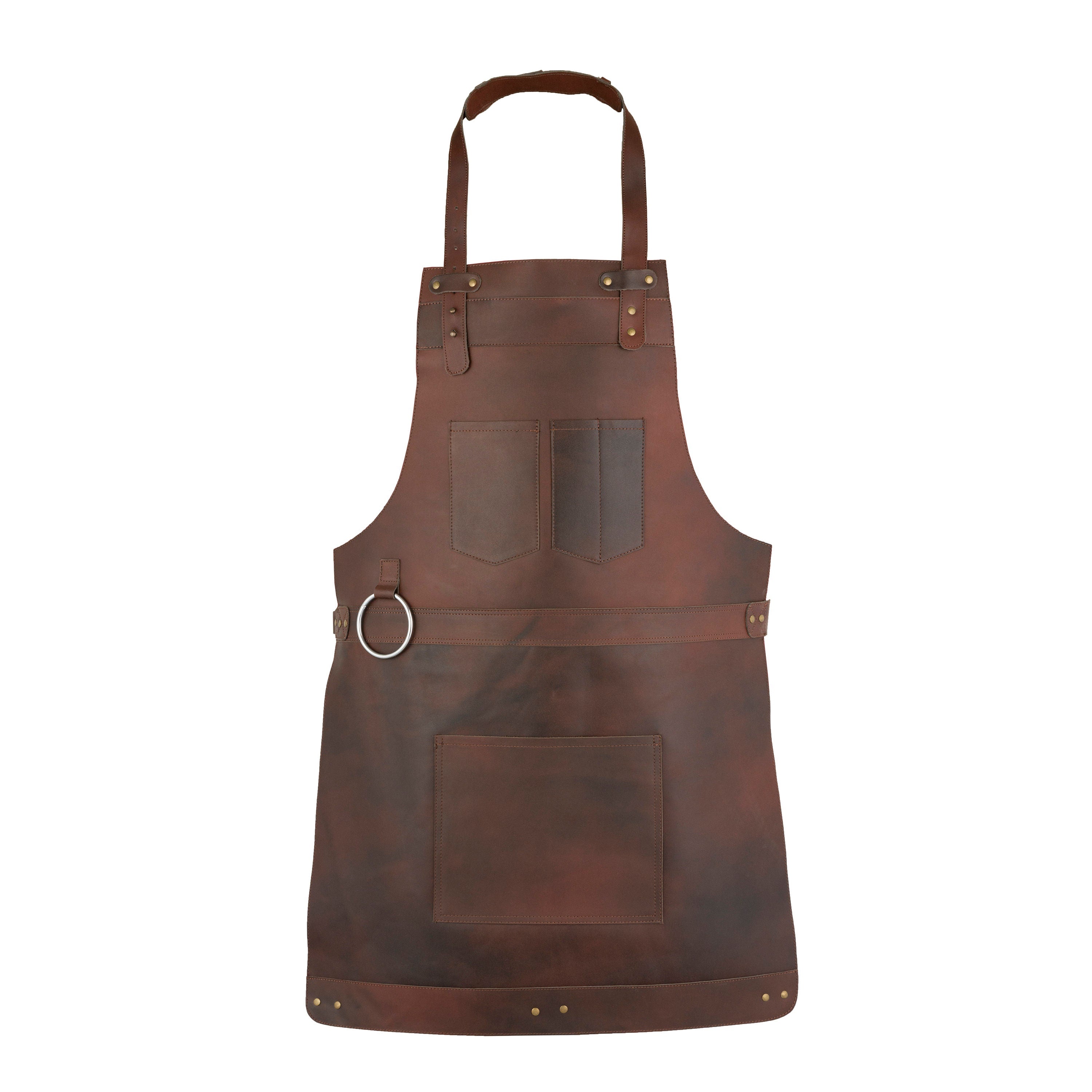 Dark brown leather apron featuring tool pockets, brass hardware and an adjustable neck strap
