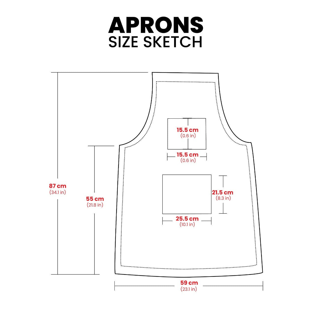 Dark brown leather apron fit diagram showing length, width and waist coverage