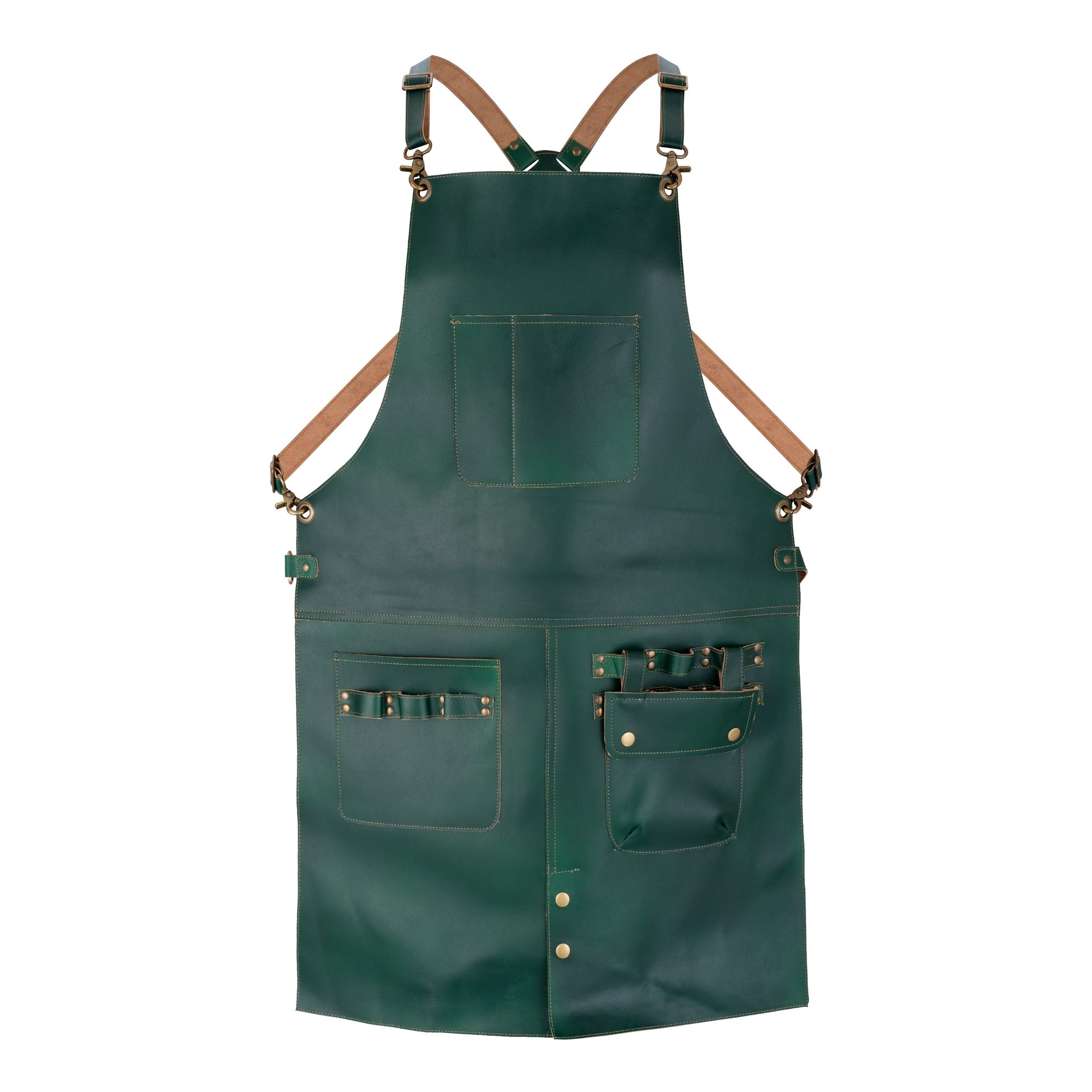 Green full-grain leather cross-back apron with brown adjustable straps