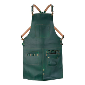 Green full-grain leather cross-back apron with brown adjustable straps