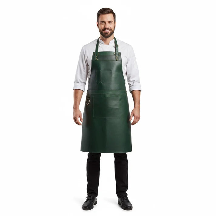 Front view of green leather work apron with divided chest pocket and large lower storage pocket