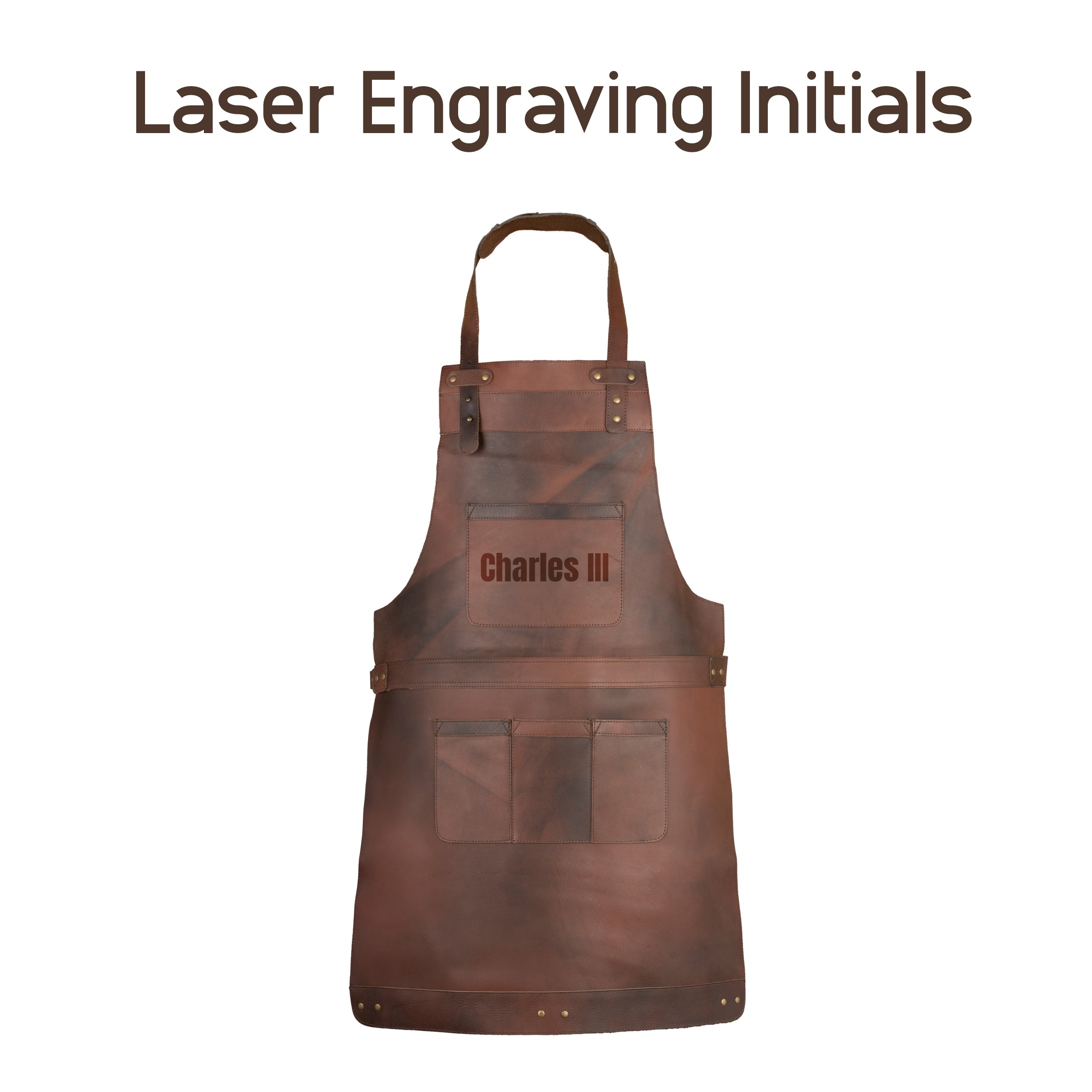Example of laser-engraved initials on a full-grain leather apron brown