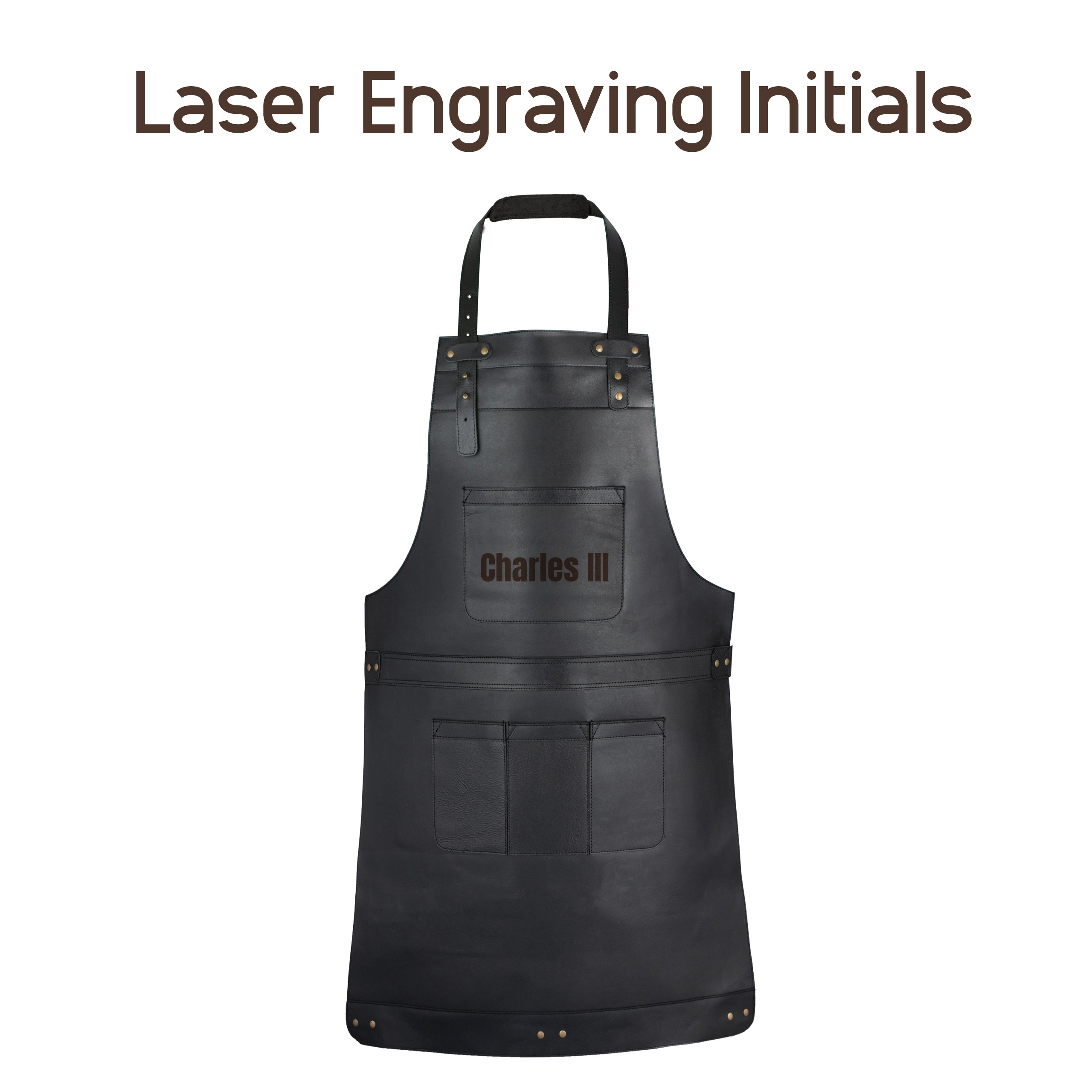 Example of laser-engraved initials on a full-grain leather apron
