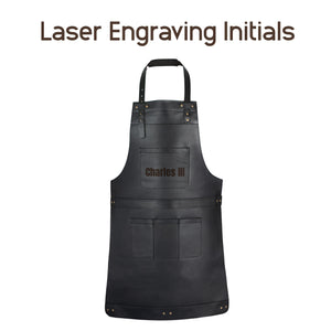 Example of laser-engraved initials on a full-grain leather apron