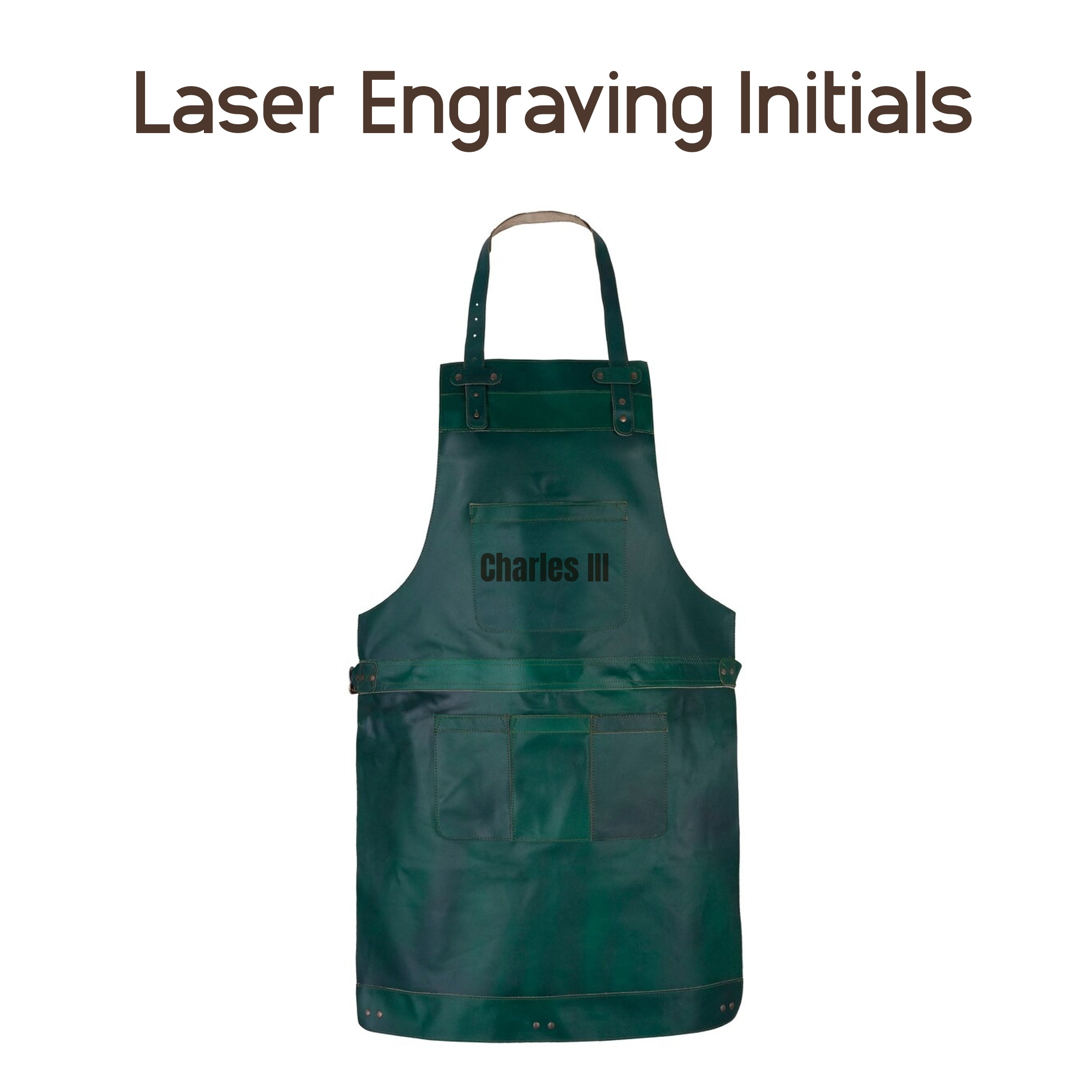 Example of laser-engraved initials on a full-grain leather apron green