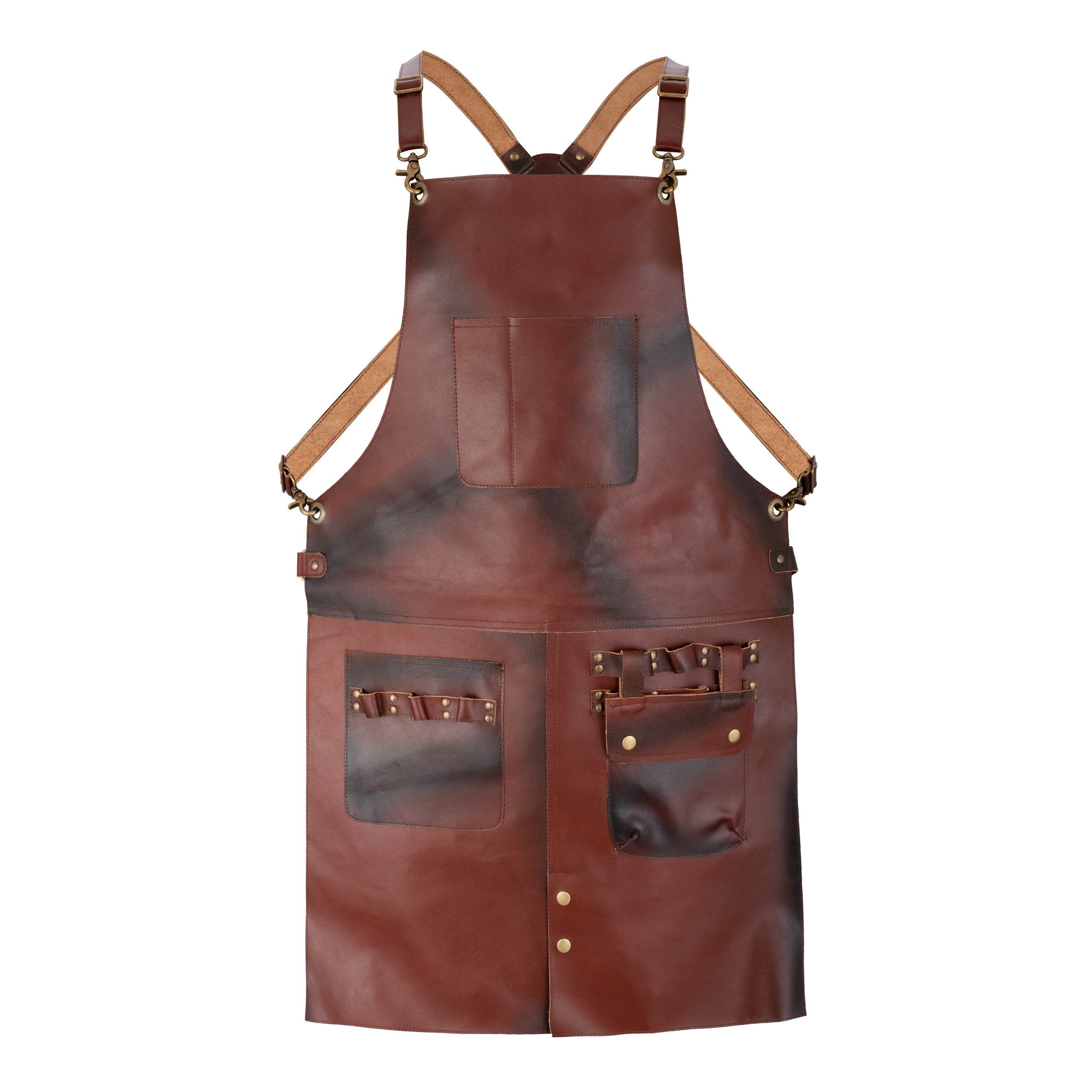 Utility pockets and reinforced rivets on a waxed brown leather work apron
