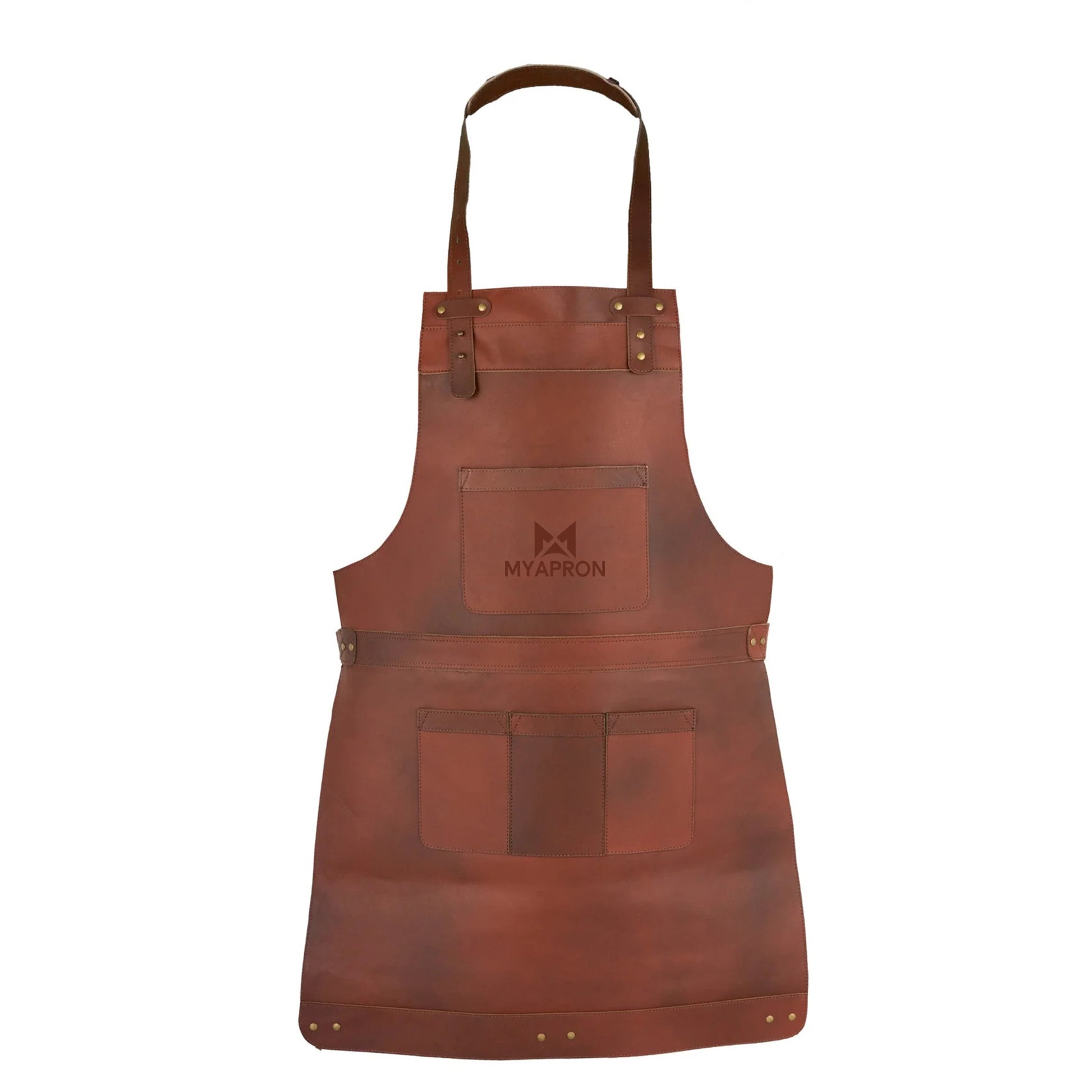 Close-up of logo engraving on waxed brown leather